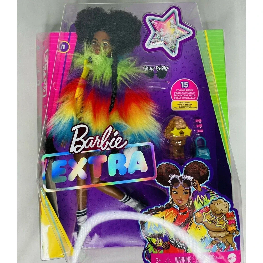 Barbie Extra Doll #1 Furry Rainbow Coat Pet‎ Poodle Brunette Afro Puffs NEW